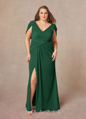 Azazie Luisa Dark Green Mermaid V-Neck Pleated Mesh Dress dark_green