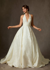 Azazie Saphira Antique White Ball-Gown with Pockets Floral Jacquard Dress