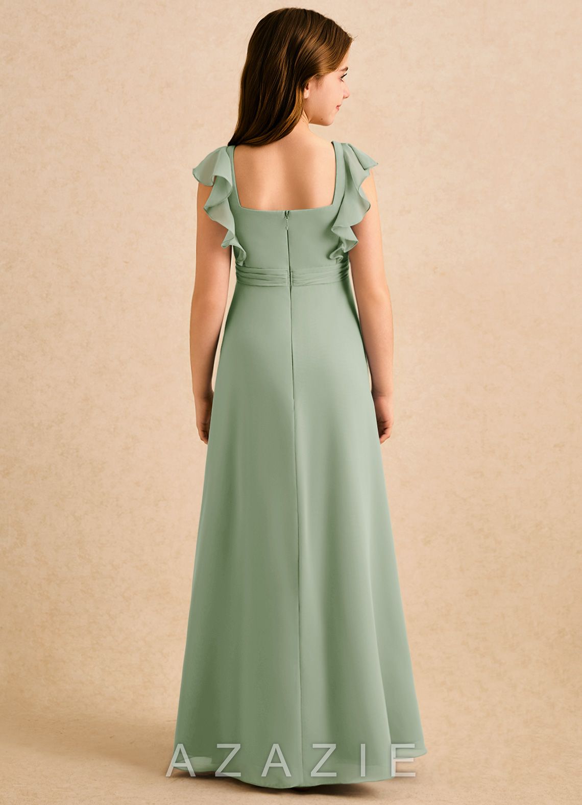 Azazie Soso Girls Formal Dusty Sage A-Line Pleated Chiffon Dress dusty_sage