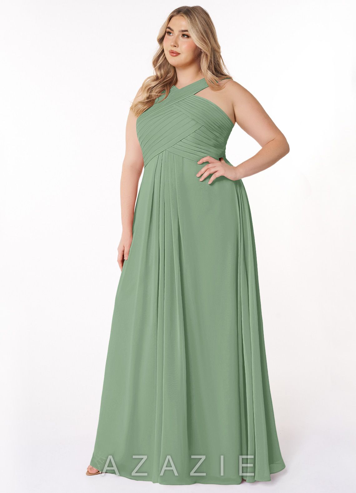 Azazie Kaleigh Matcha A-Line Pleated Chiffon Dress matcha