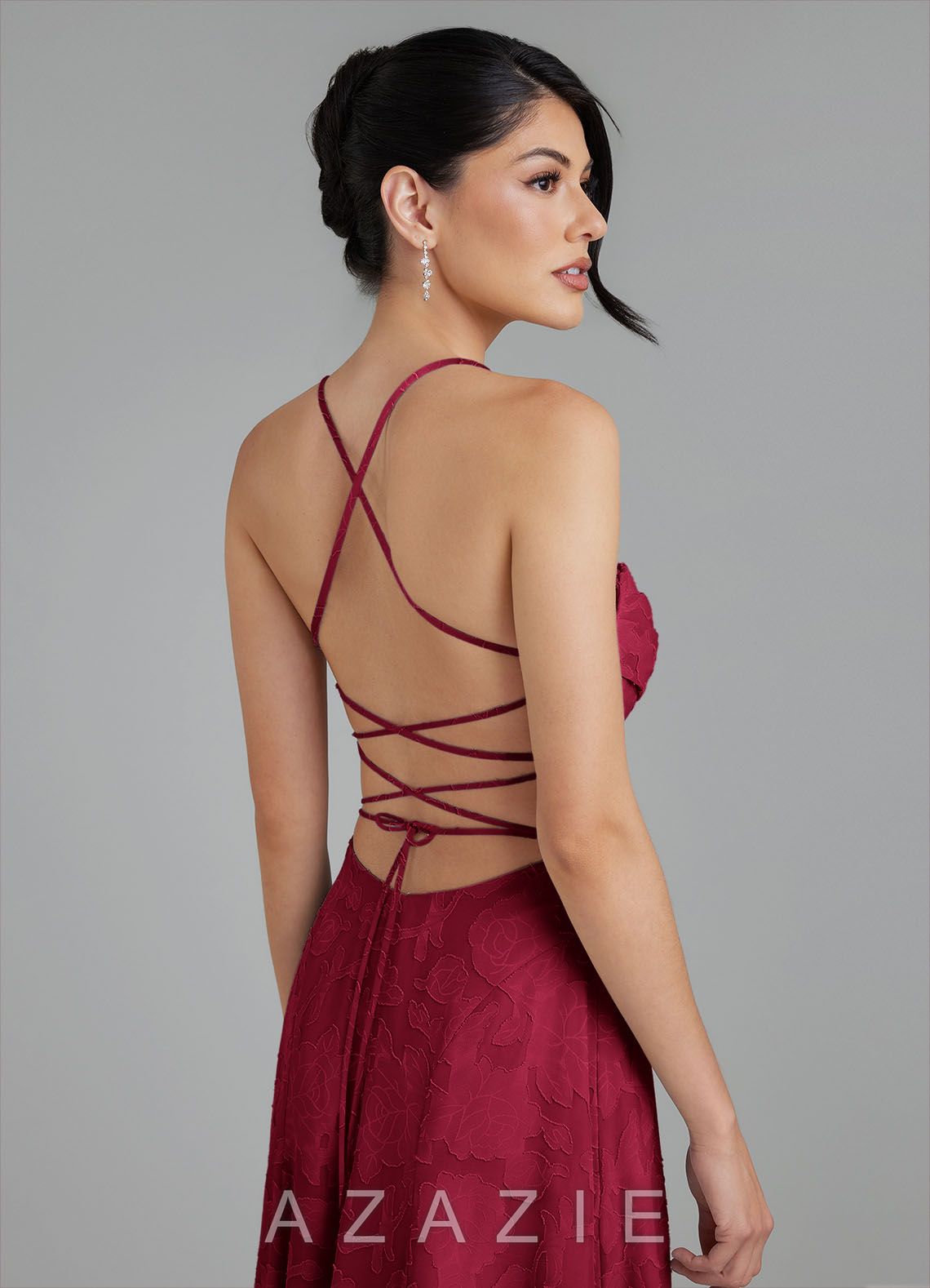 Azazie Tatum Burgundy A-Line Corset Floral Burnout Dress burgundy