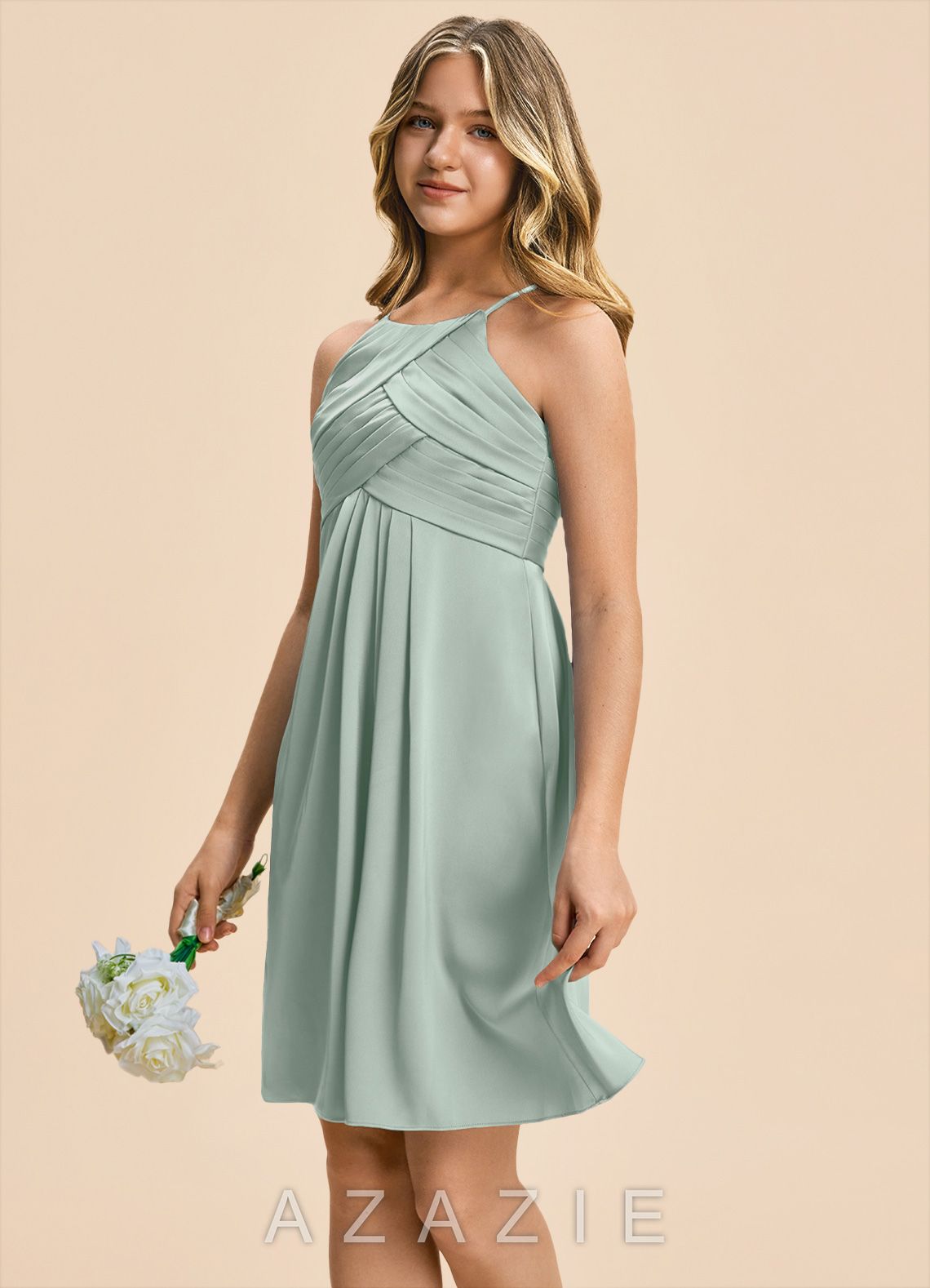 Azazie Ginny Junior Agave A-Line Pleated Stretch Satin Dress agave