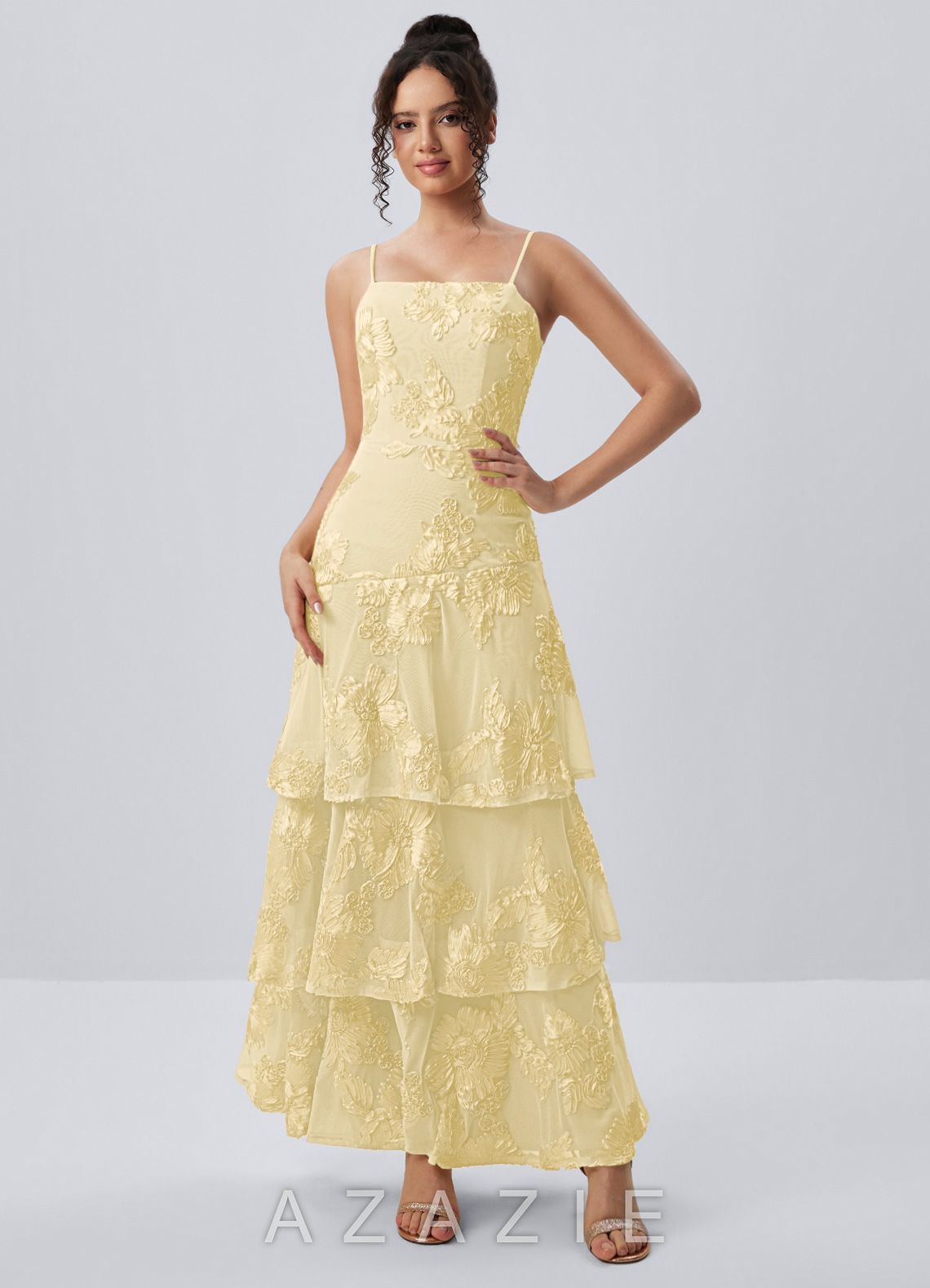 Araceli Lemon Sorbet Stretch 3D Flowers Lace Maxi Dress
