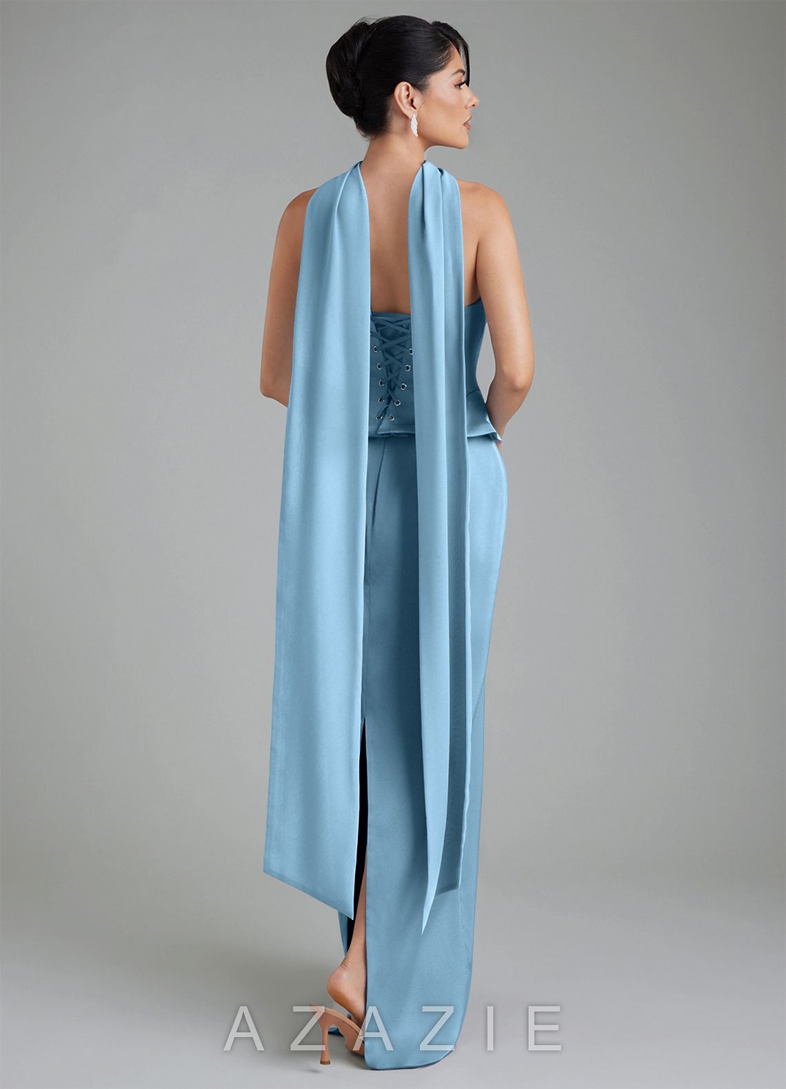Azazie River Steel Blue Sheath Corset Stretch Satin Convertible Dress steel_blue
