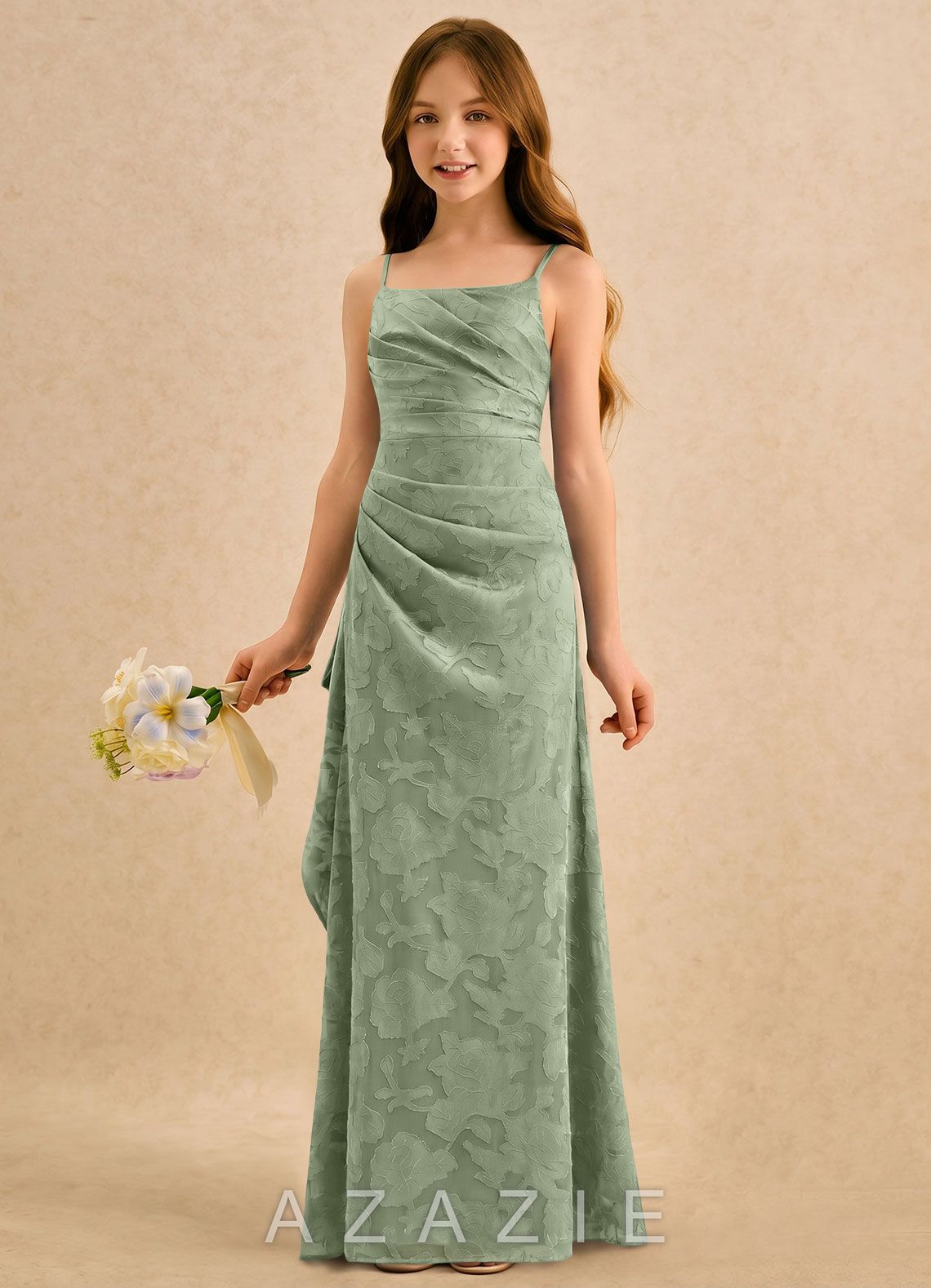 Azazie Cannoli Girls Formal Dusty Sage A-Line Pleated Floral Burnout Dress dusty_sage