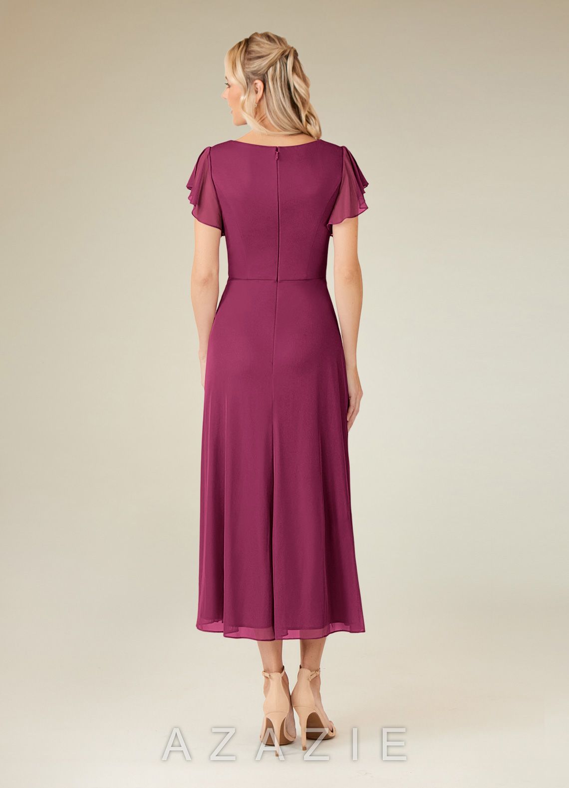 Azazie Vera Mulberry A-Line V-Neck Pleated Mesh Dress mulberry