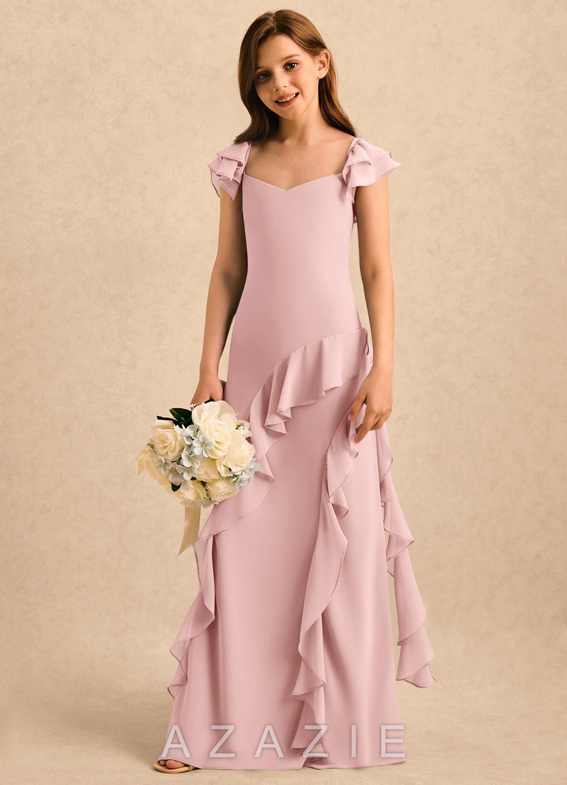 Azazie Ada Girls Formal Powder Pink Sheath Ruched Chiffon Dress powder_pink