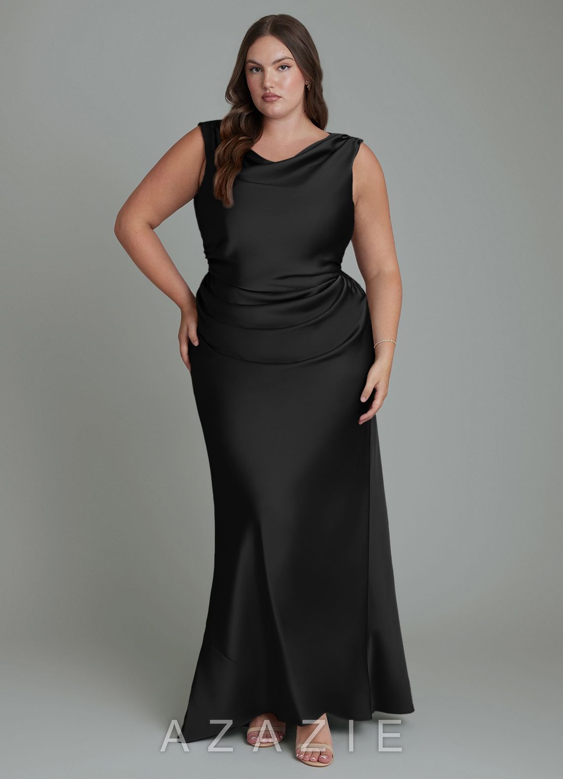 Azazie Kieryn Black Mermaid Pleated Stretch Satin Dress black