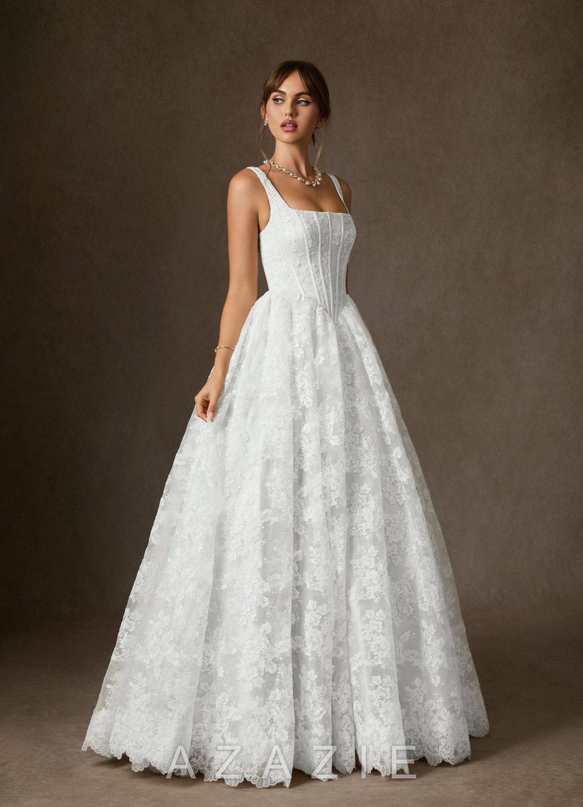 Azazie Geneva Diamond White Ball-Gown Square Neckline Lace Dress