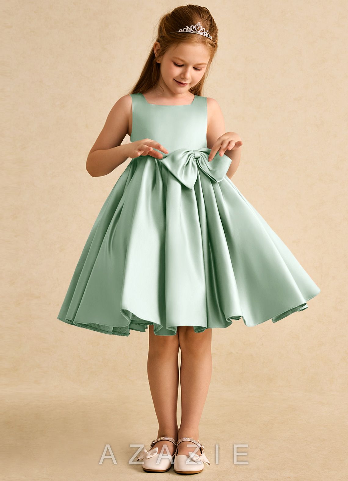 Azazie Jessie Agave A-Line Bow Matte Satin Dress agave