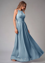 Azazie Bonnie Dusty Blue A-Line Pleated Stretch Satin Dress dusty_blue