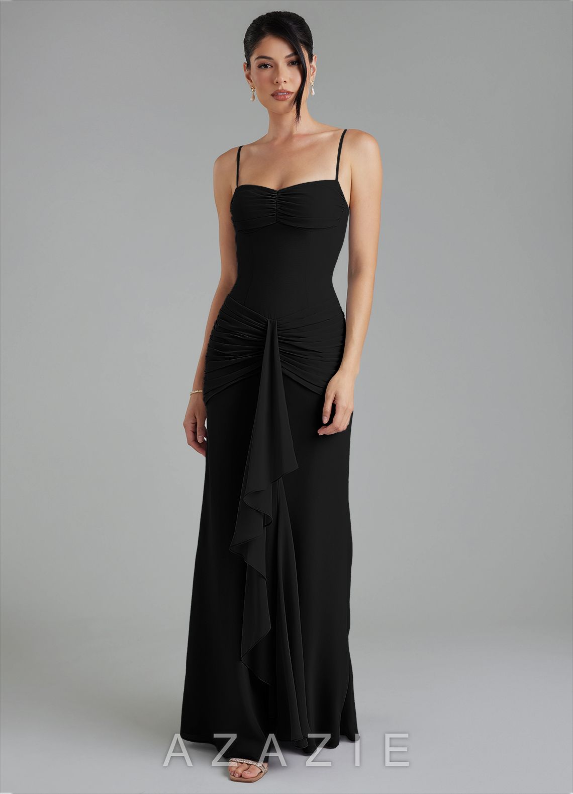 Azazie Cassie Black Sheath Sweetheart Neckline Chiffon Dress black