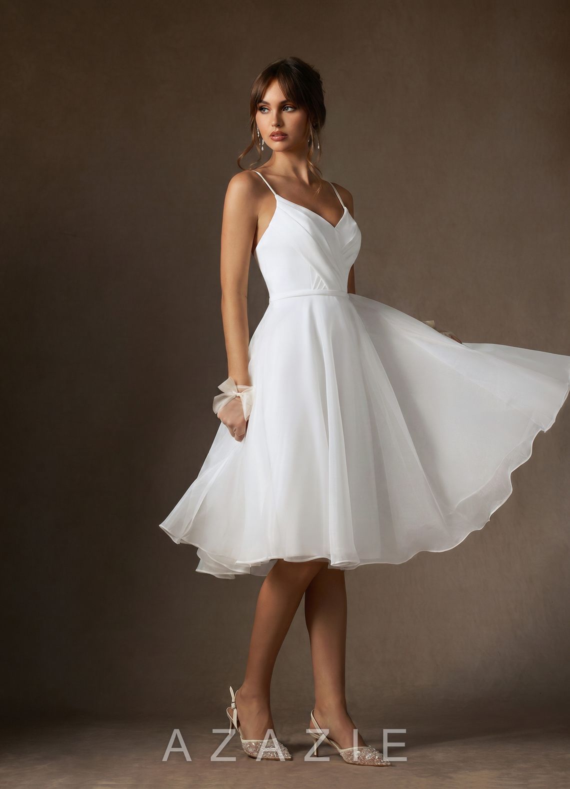 Azazie Ardea Wedding Dress Diamond White A-Line V-Neck Pleated Stretch Crepe Dress diamond_white