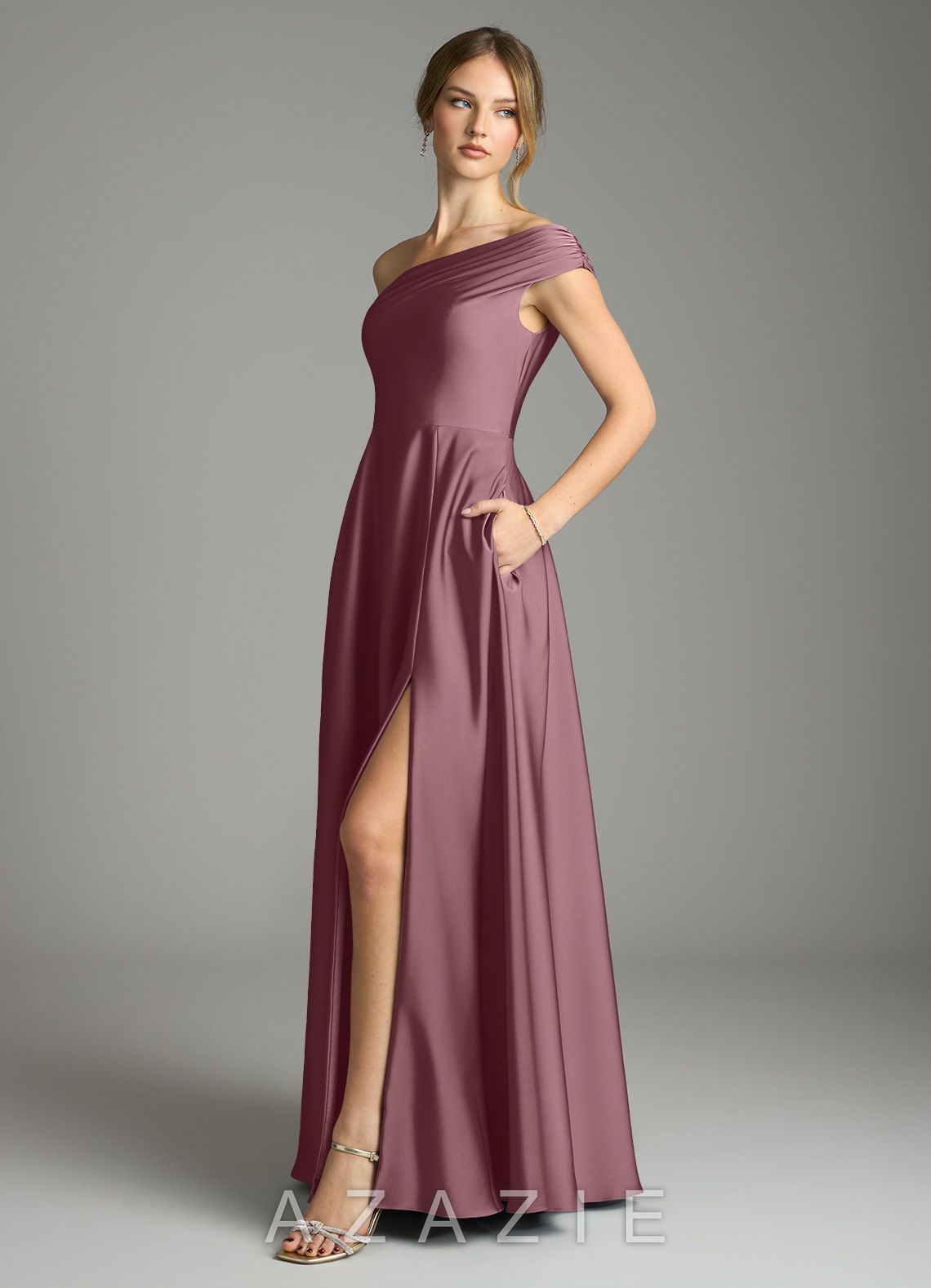 Azazie Melanie Amethyst A-Line Off the Shoulder Stretch Satin Dress amethyst