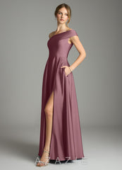 Azazie Melanie Amethyst A-Line Off the Shoulder Stretch Satin Dress amethyst