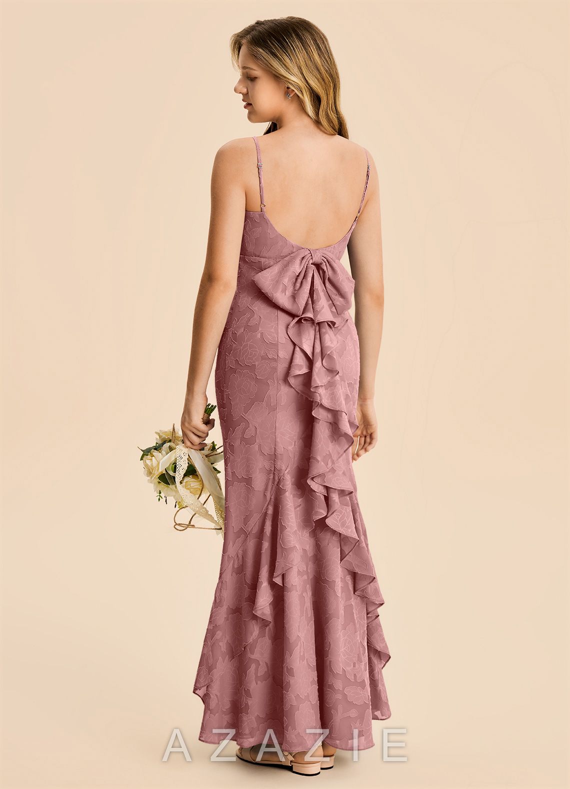 Azazie Lioren Junior Dusty Rose Mermaid Ruched Floral Burnout Dress