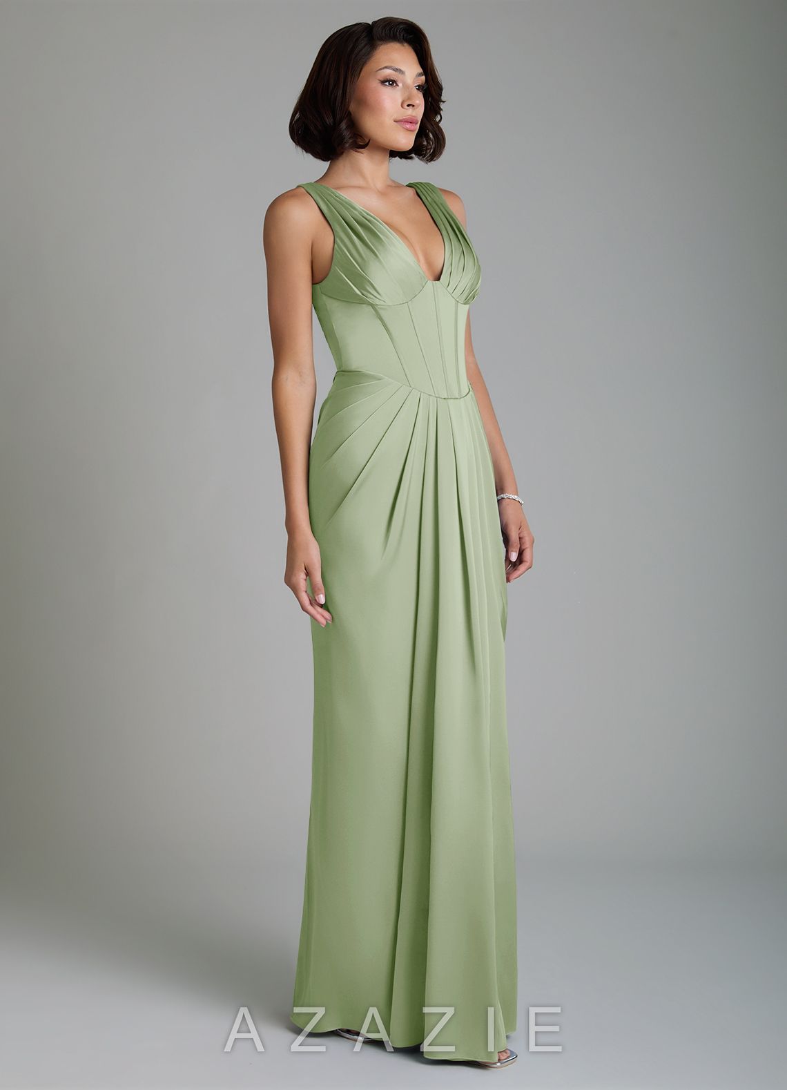Azazie Vanya Dusty Sage Sheath Corset Stretch Satin Dress dusty_sage