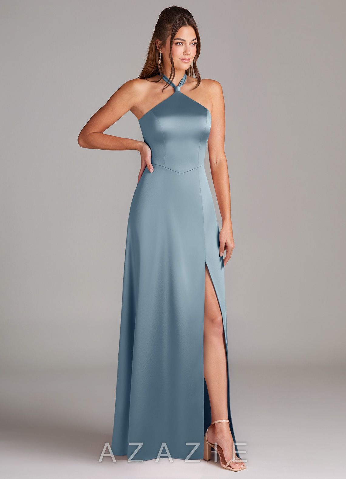 Azazie Elliana Dusty Blue Sheath Side Slit Stretch Satin Dress dusty_blue