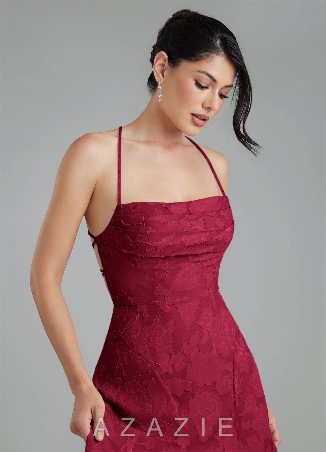 Azazie Tatum Burgundy A-Line Corset Floral Burnout Dress burgundy