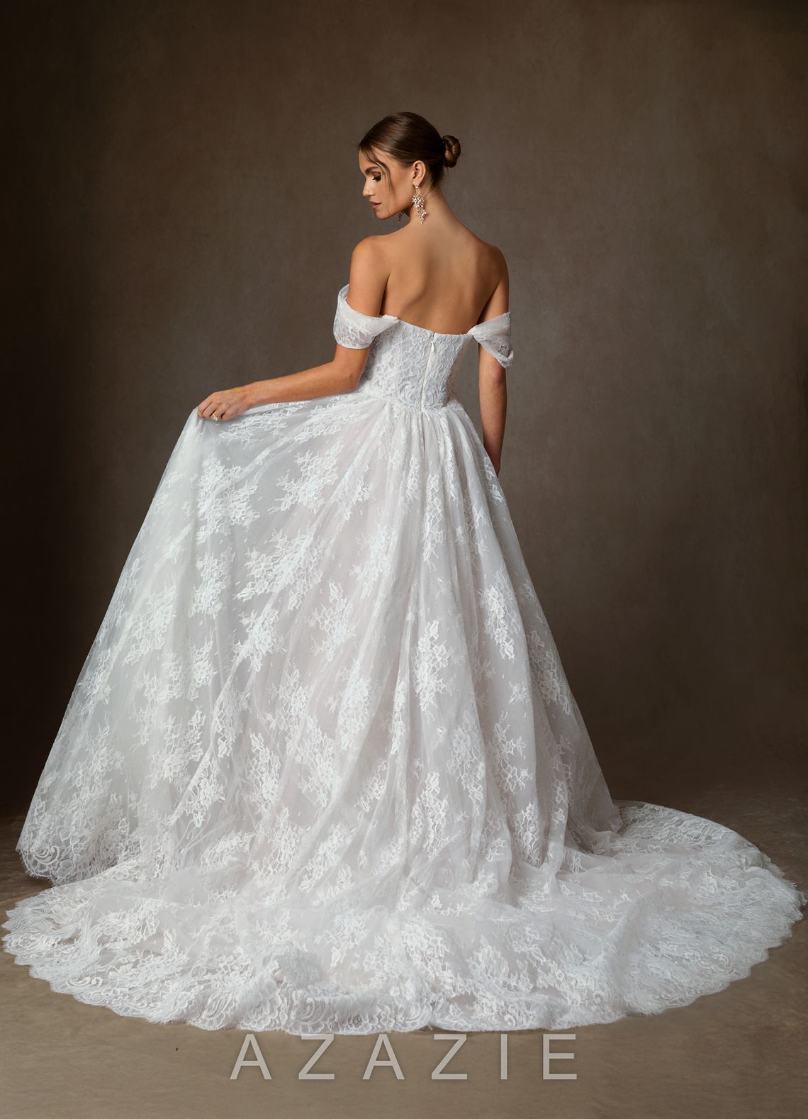 Azazie Justice Diamond White Ball-Gown Off the Shoulder Lace Dress