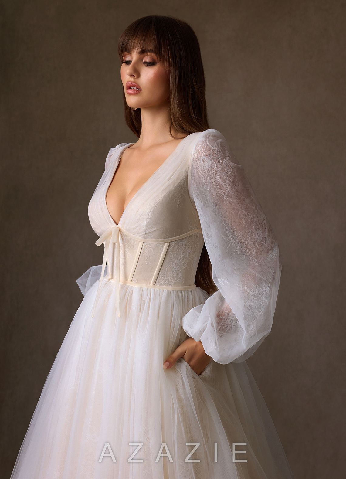 Azazie Cressida Wedding Dress Diamond White Champagne Ball-Gown Lace Tulle Dress diamond_white/champagne