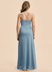 Azazie Kayden Junior Dusty Blue Sheath Ruched Stretch Satin Dress dusty_blue