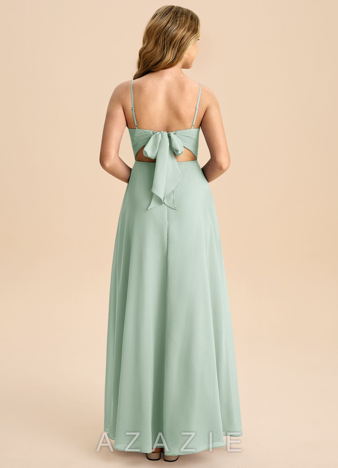 Azazie Shale Junior Agave A-Line Bow Chiffon Dress agave