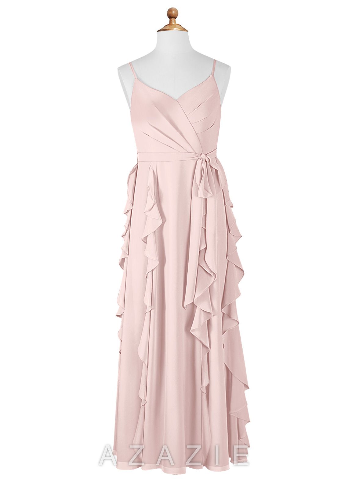 Azazie Peyton Junior Blushing Pink A-Line V-Neck Cascading Ruffles Chiffon Dress blushing_pink