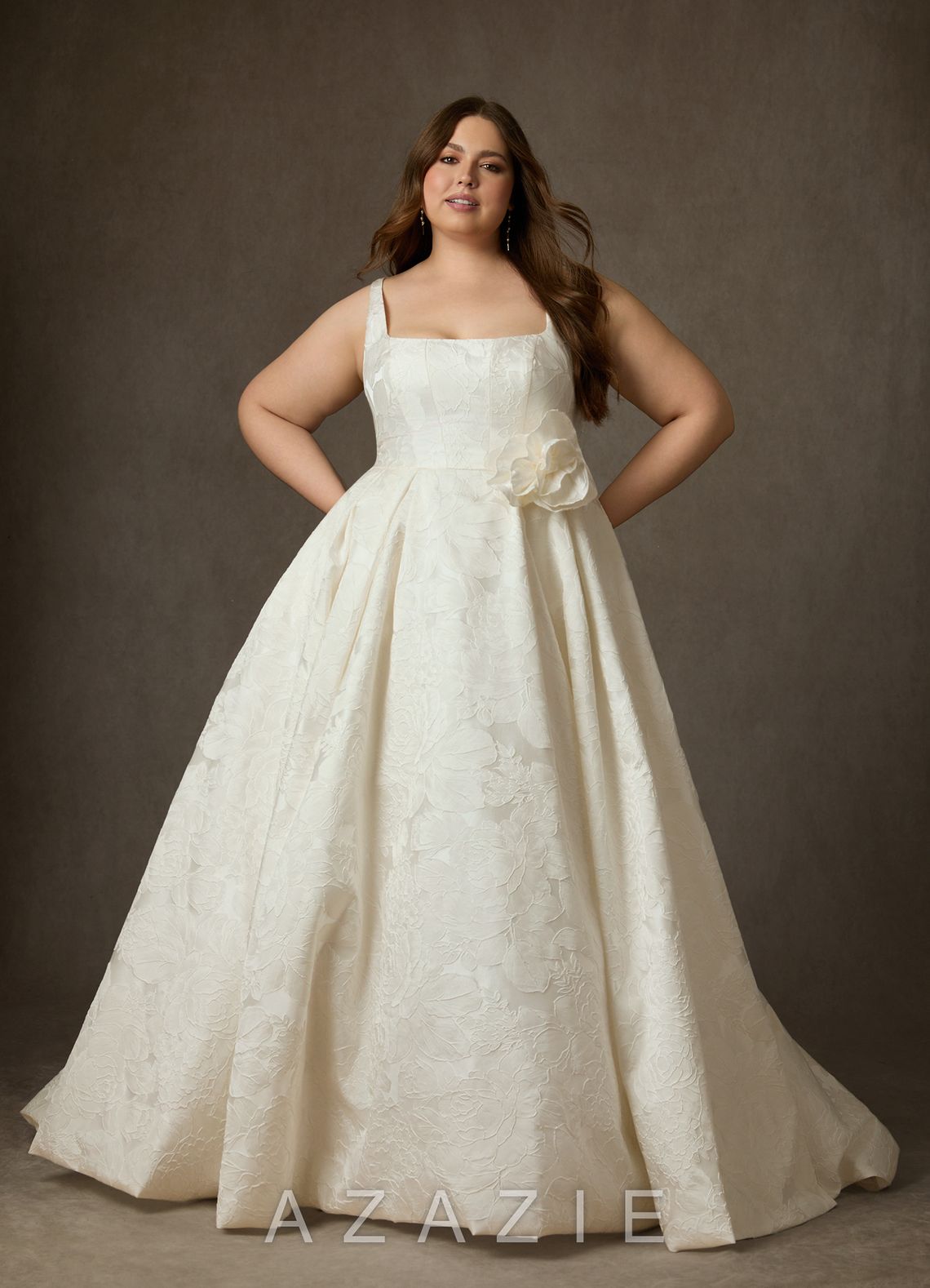 Azazie Ruby Antique White Ball-Gown with Pockets Floral Jacquard Dress antique_white