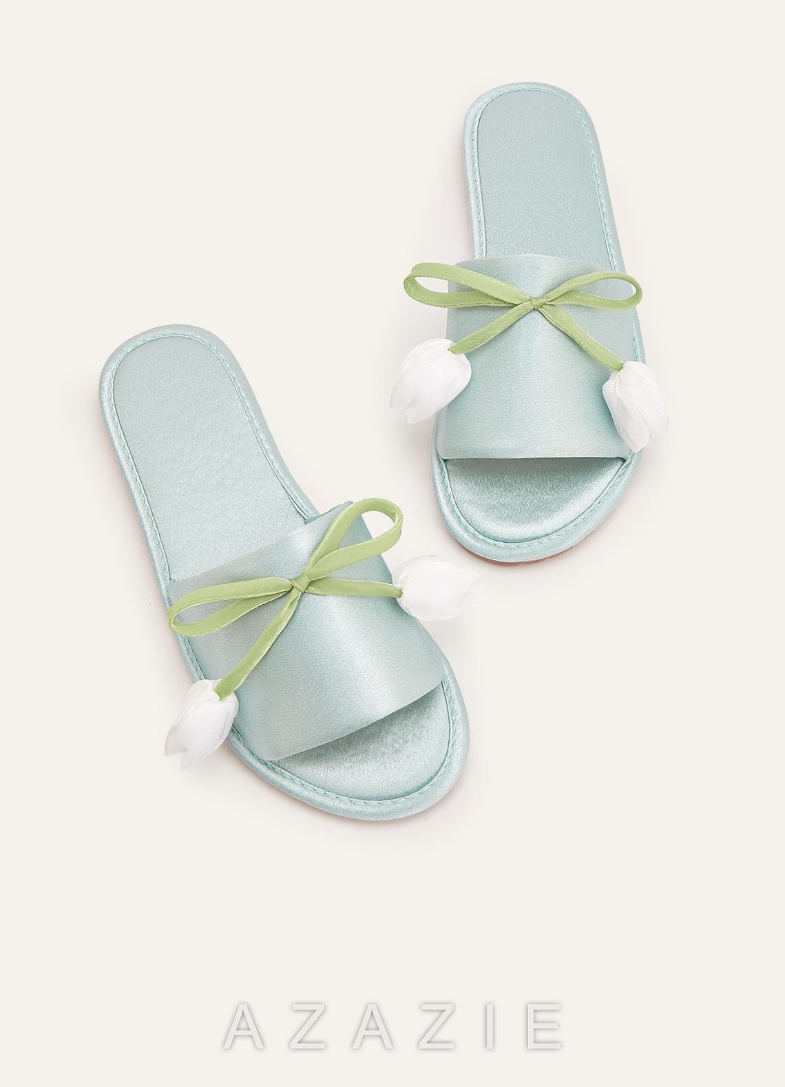 Floral Bow Satin Slippers  agave
