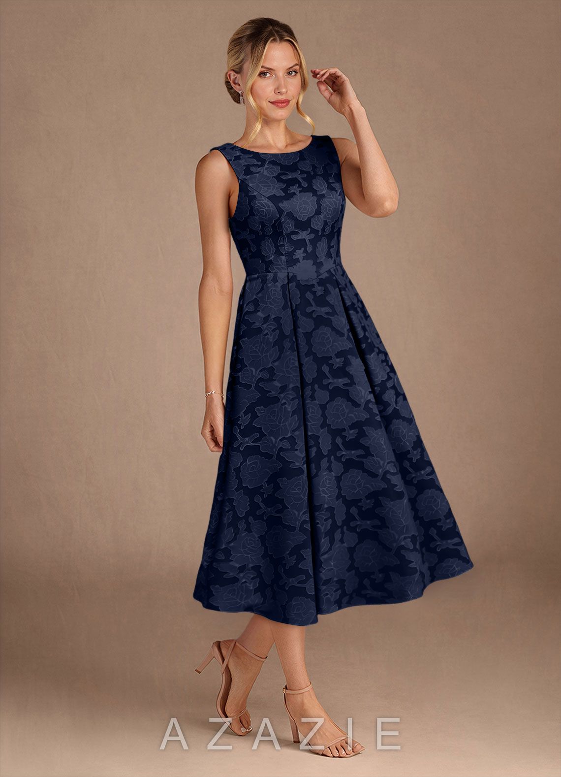 Azazie Fulton Dark Navy A-Line Pleated Floral Burnout Dress dark_navy