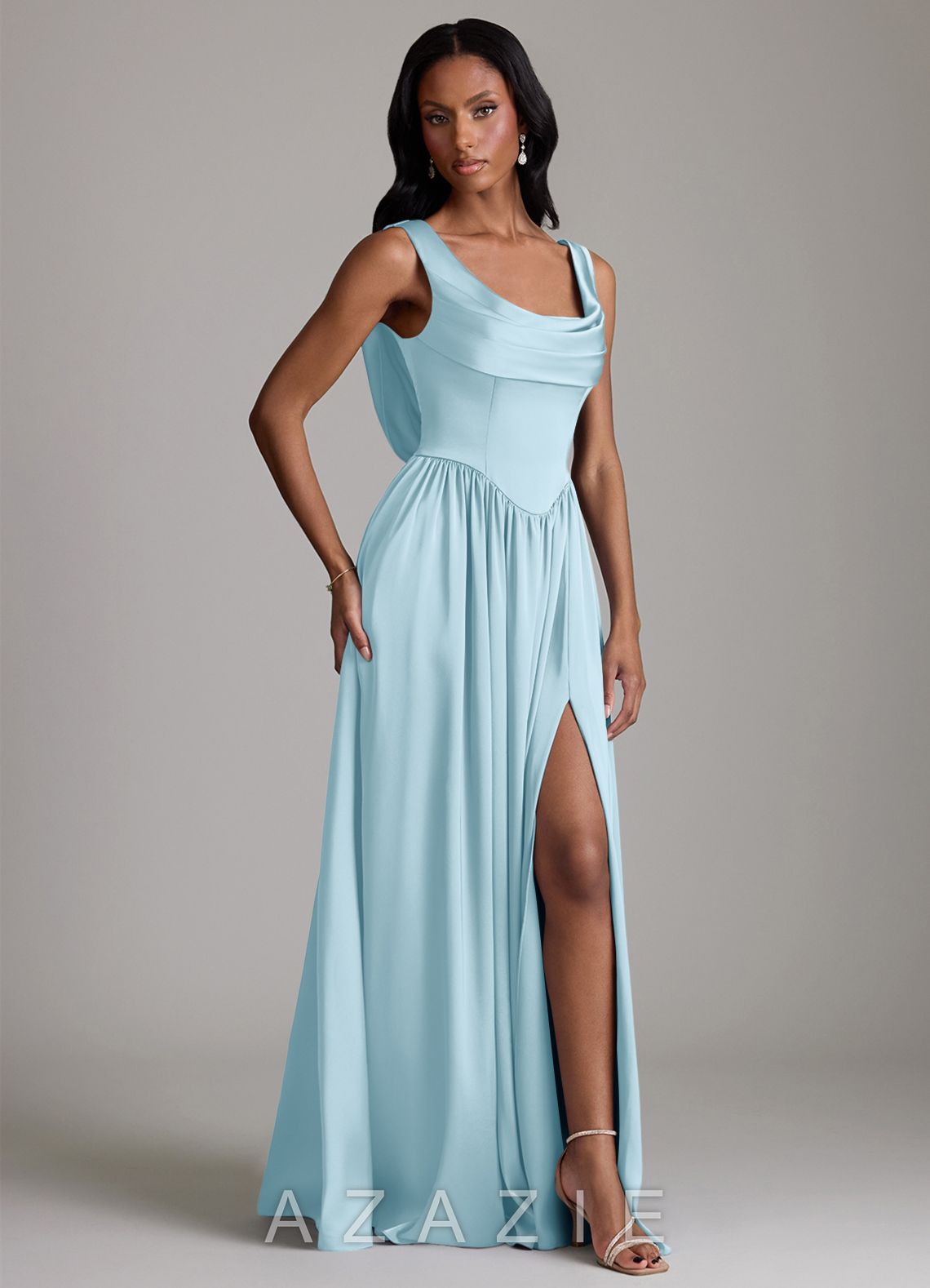 Azazie Novi Sky Blue A-Line with Pockets Stretch Satin Dress sky_blue