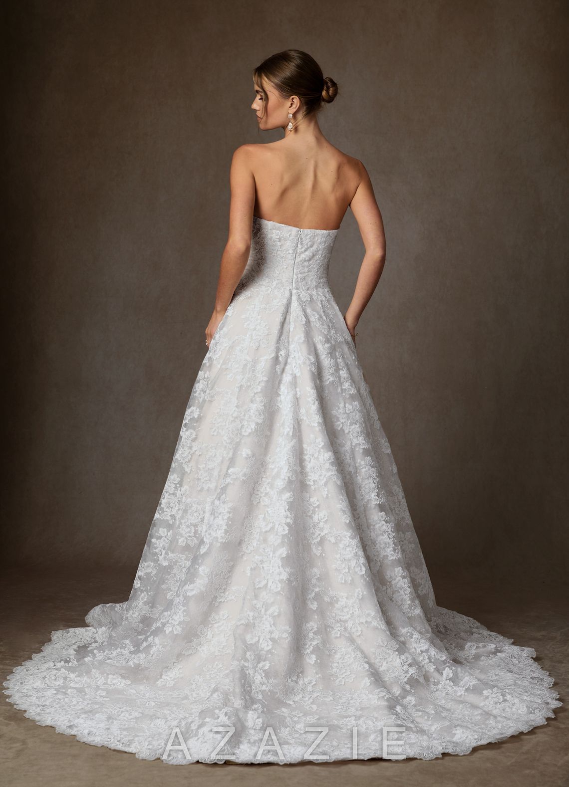 Azazie Layla Diamond White Ball-Gown Strapless Lace Dress