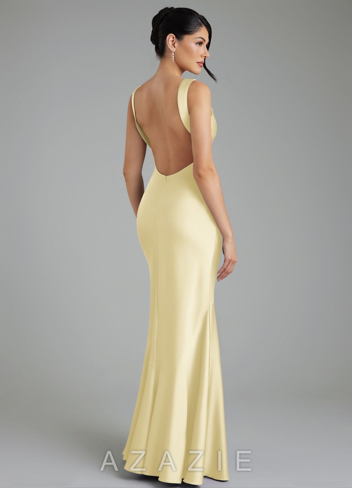 Azazie Monica Lemon Sorbet Mermaid Pleated Stretch Satin Dress lemon_sorbet