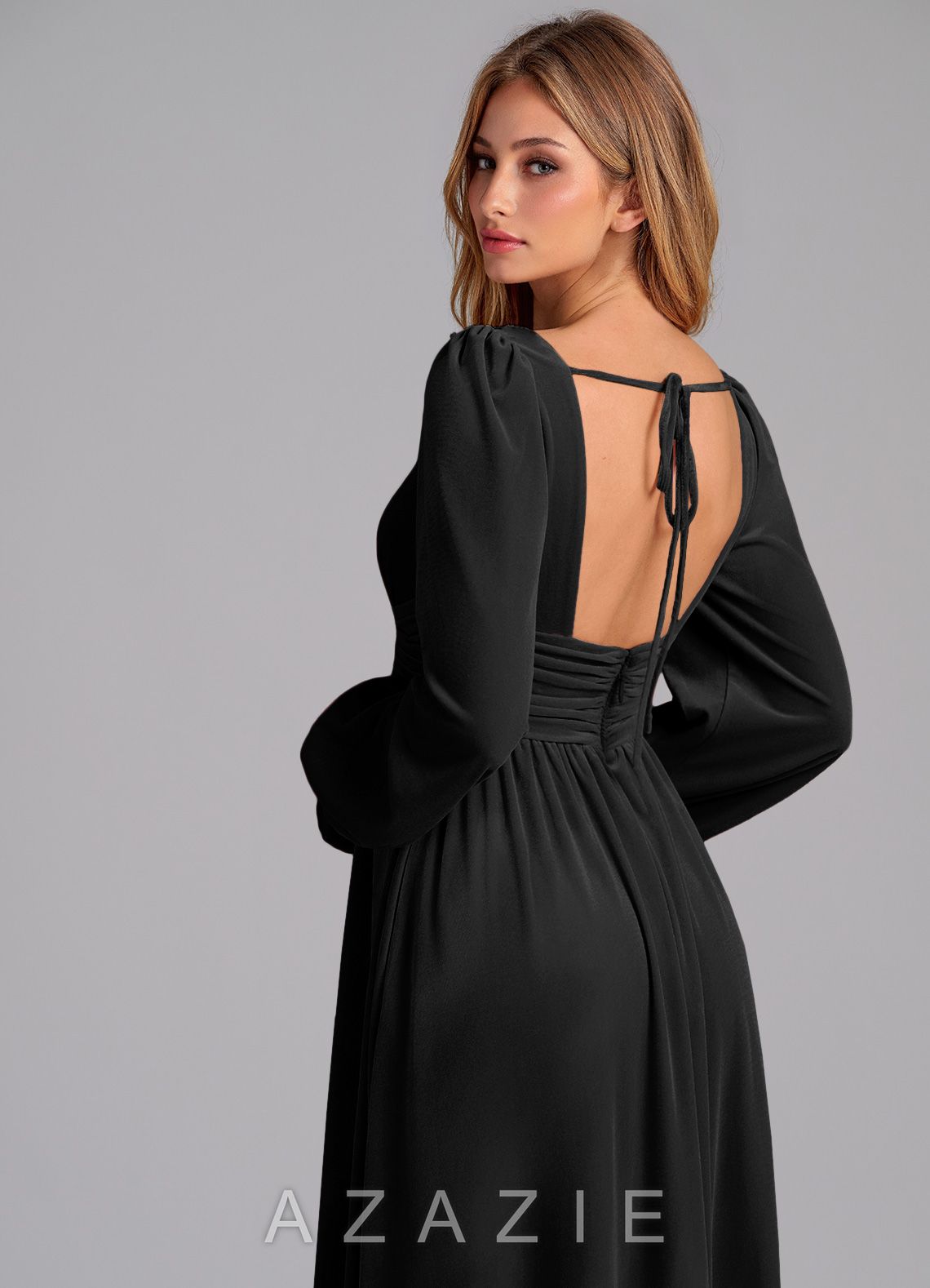 Azazie Norah Black A-Line Long Sleeve Velvet Dress black