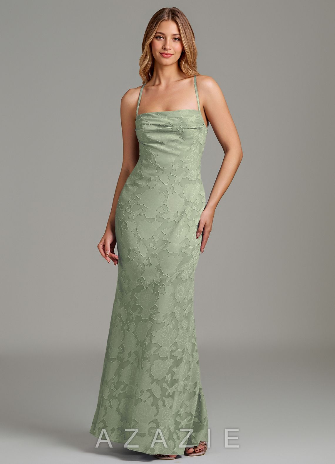 Azazie Ola Agave Mermaid Corset Floral Burnout Dress