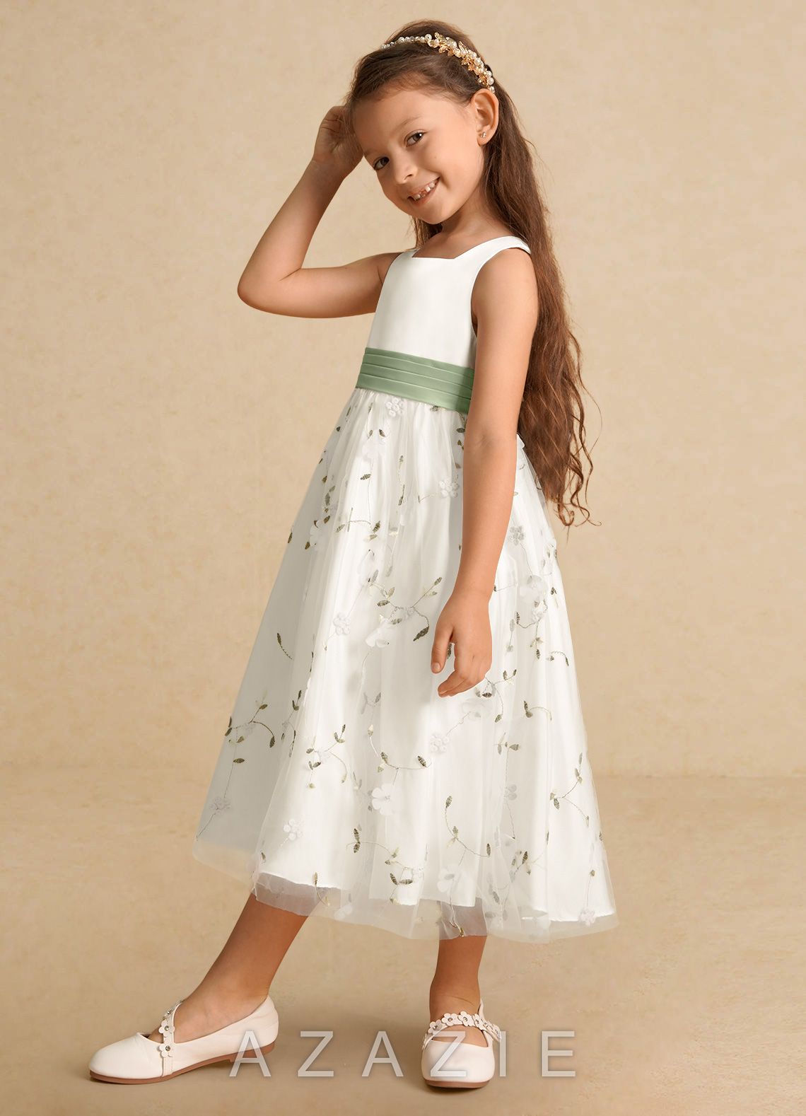 Azazie Pollie Ivory Dusty Sage A-Line Bow Tulle Dress ivory/dusty_sage