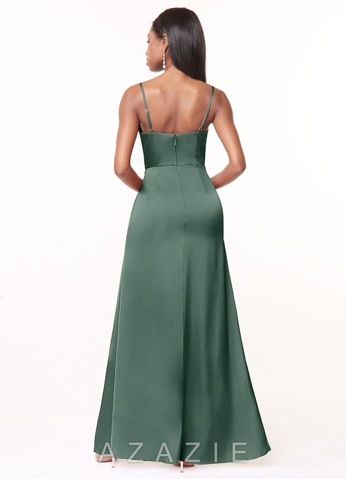 Azazie Maci Eucalyptus A-Line V-Neck Pleated Stretch Satin Dress eucalyptus