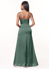 Azazie Maci Eucalyptus A-Line V-Neck Pleated Stretch Satin Dress eucalyptus