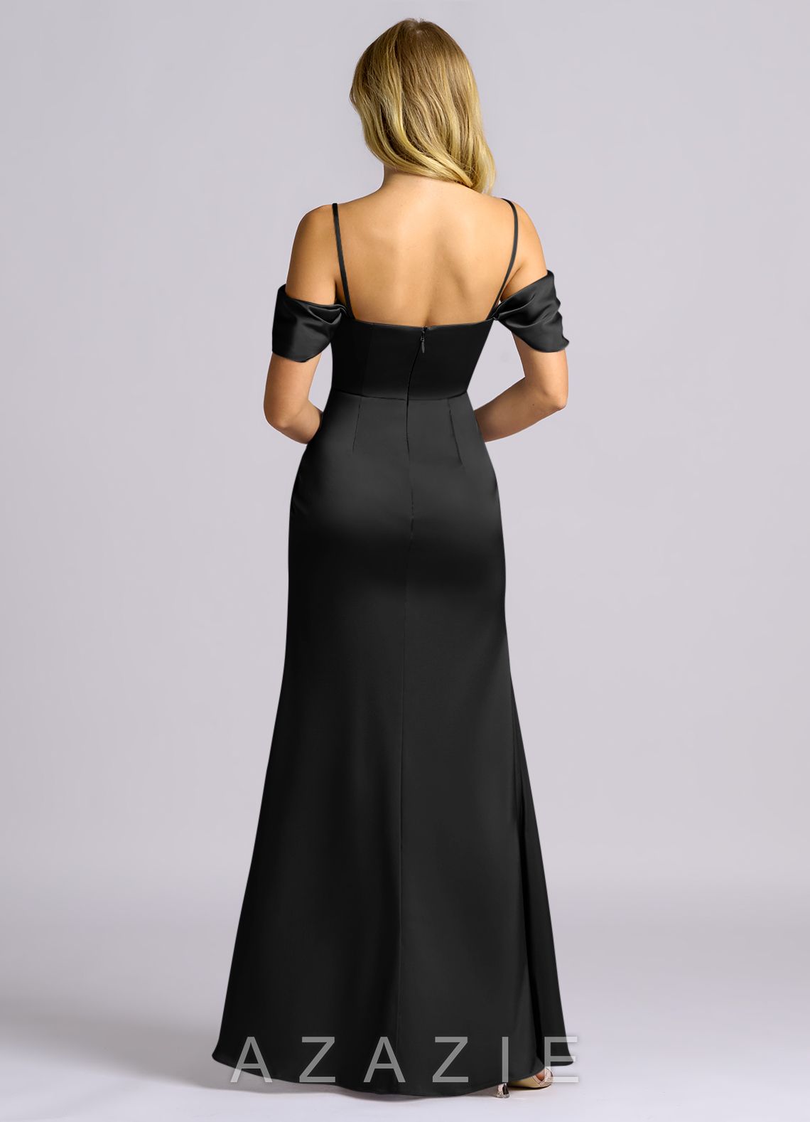 Azazie Auden Black Sheath Off the Shoulder Stretch Satin Convertible Dress black
