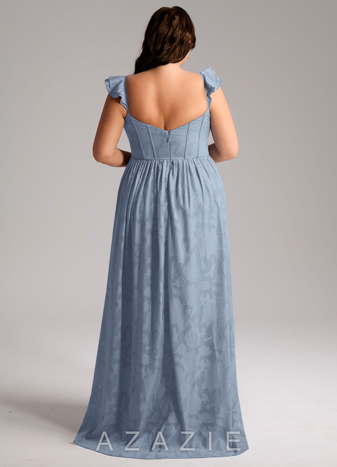 Azazie Denisse Dusty Blue A-Line Ruched Floral Burnout Dress dusty_blue