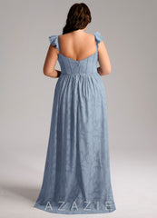 Azazie Denisse Dusty Blue A-Line Ruched Floral Burnout Dress dusty_blue