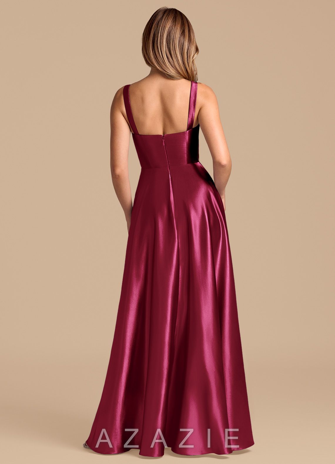 Azazie Shaude Burgundy A-Line Pleated Metallic Satin Dress burgundy