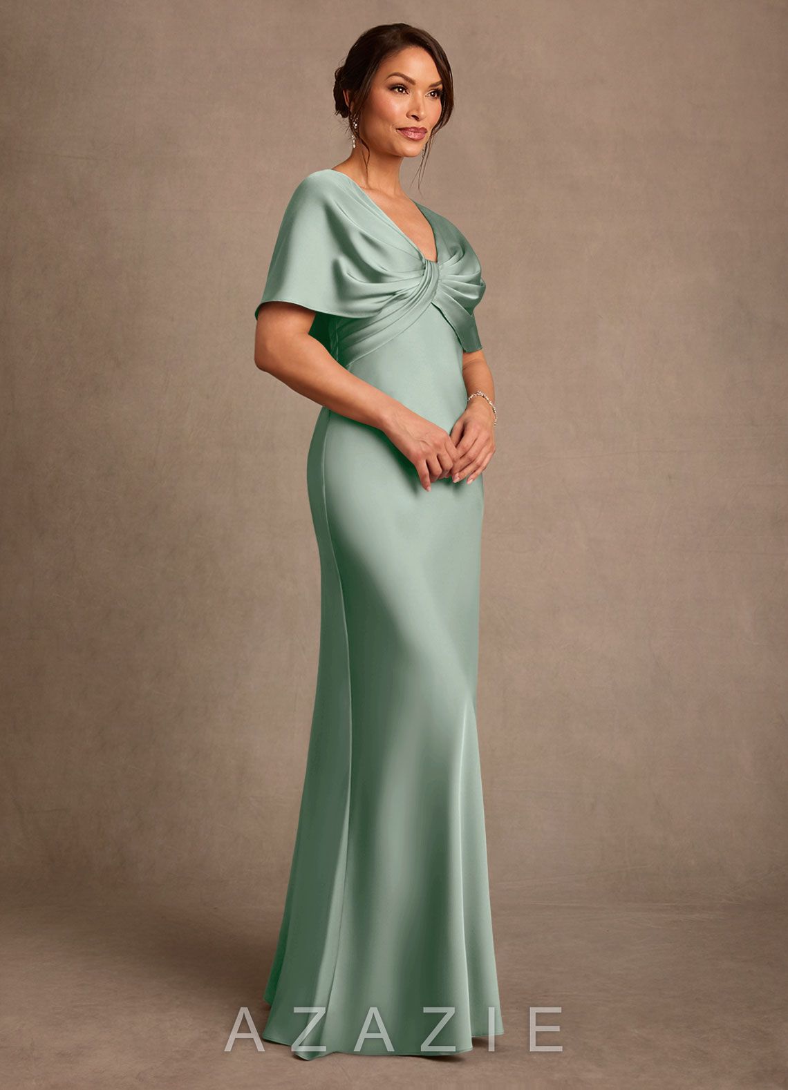 Azazie Dosia Agave Sheath Pleated Stretch Satin Dress agave