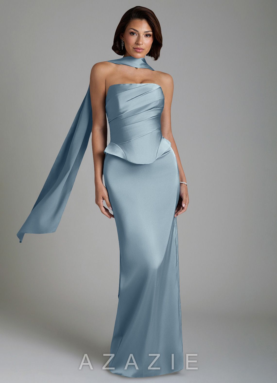 Azazie Harlow Dusty Blue Sheath Corset Stretch Satin Dress