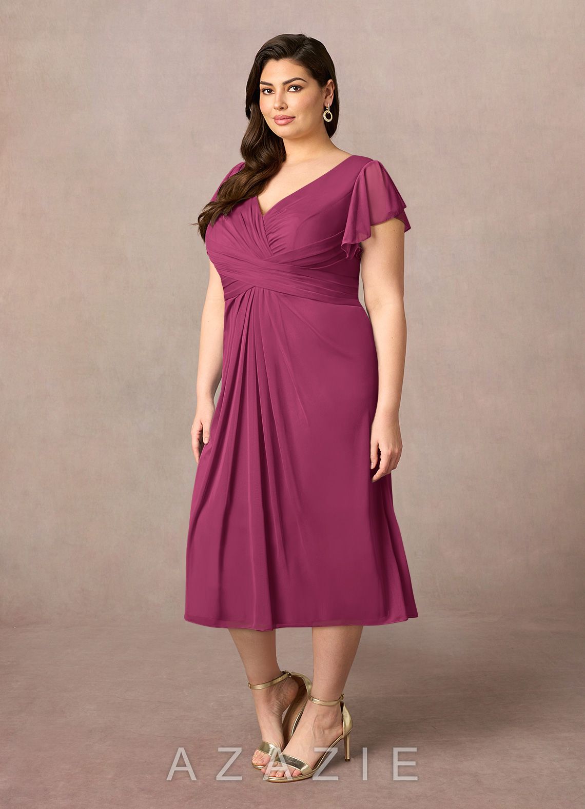 Azazie Vera Mulberry A-Line V-Neck Pleated Mesh Dress mulberry