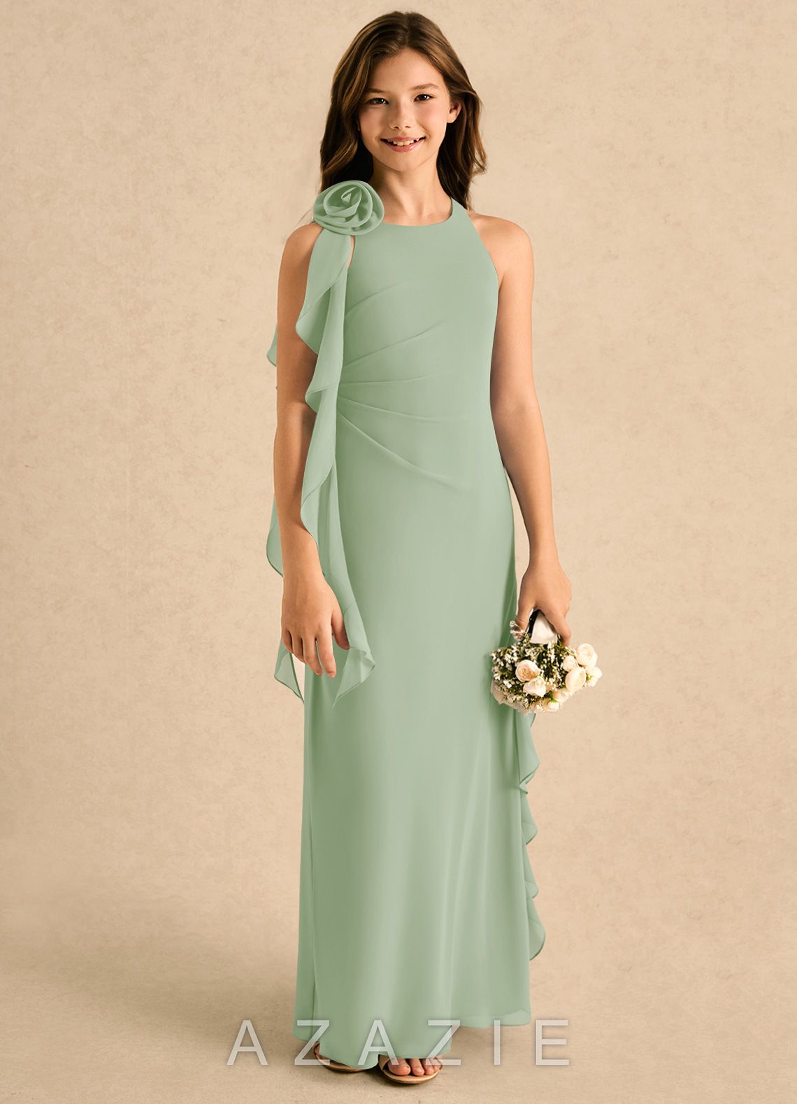 Azazie Manny Girls Formal Dusty Sage A-Line Pleated Chiffon Dress dusty_sage