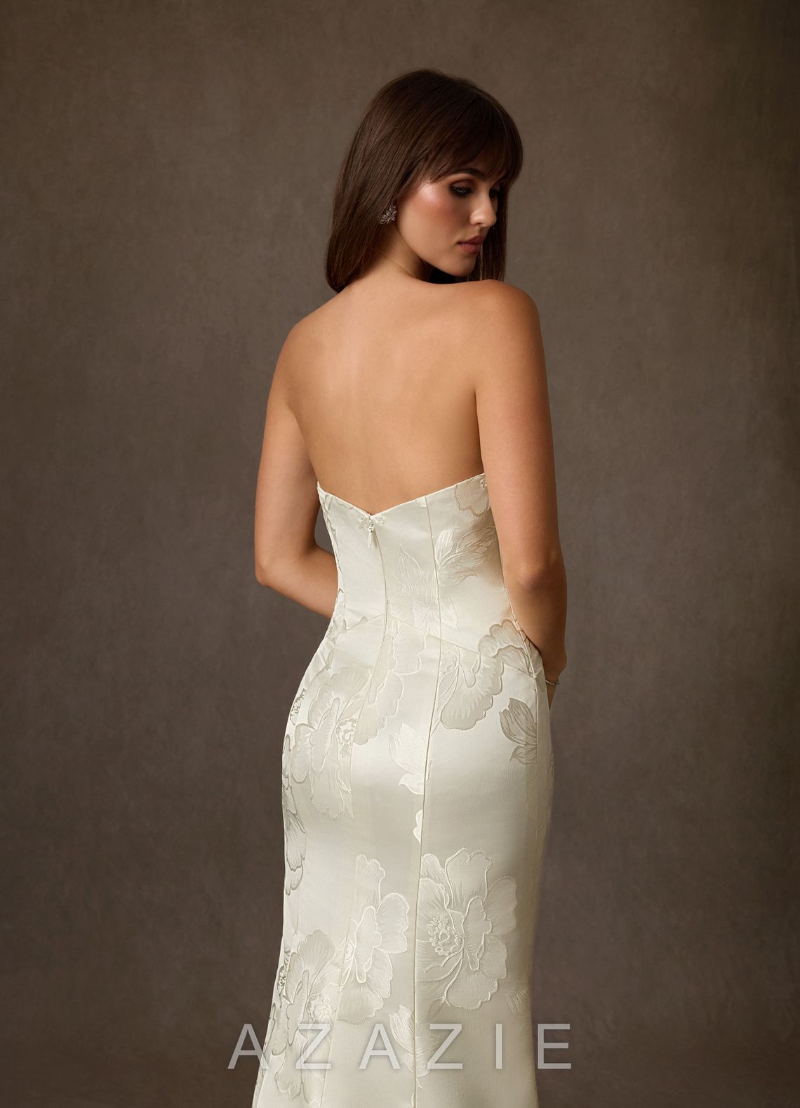 Azazie Nita Cream Mermaid Strapless Floral Jacquard Dress cream