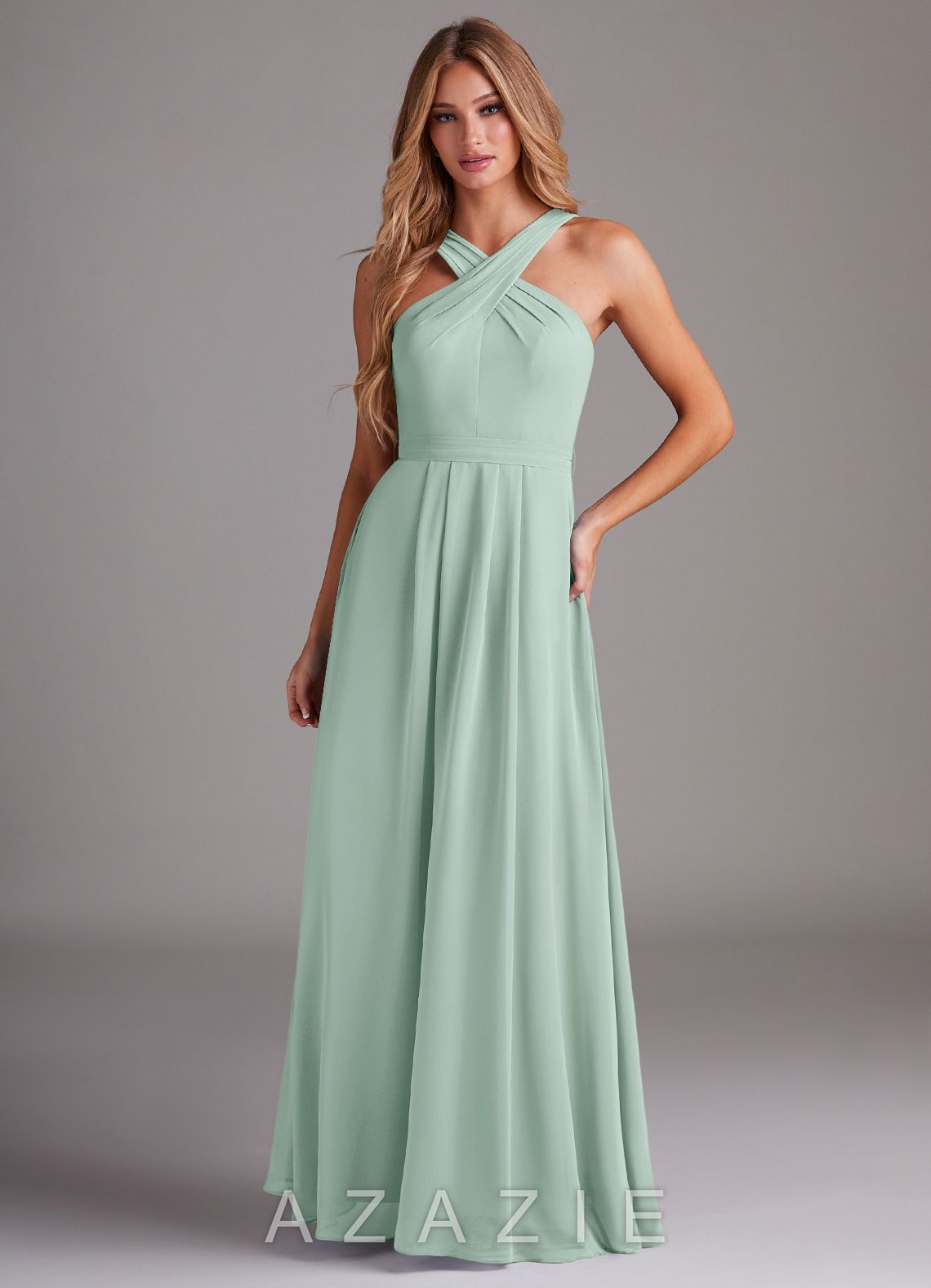 Azazie Dixie Agave A-Line Halter Pleated Chiffon Dress