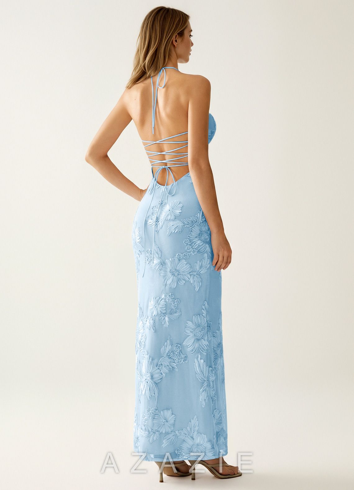 Nasasiya Sky Blue Stretch Lace Opne Back Party Dress